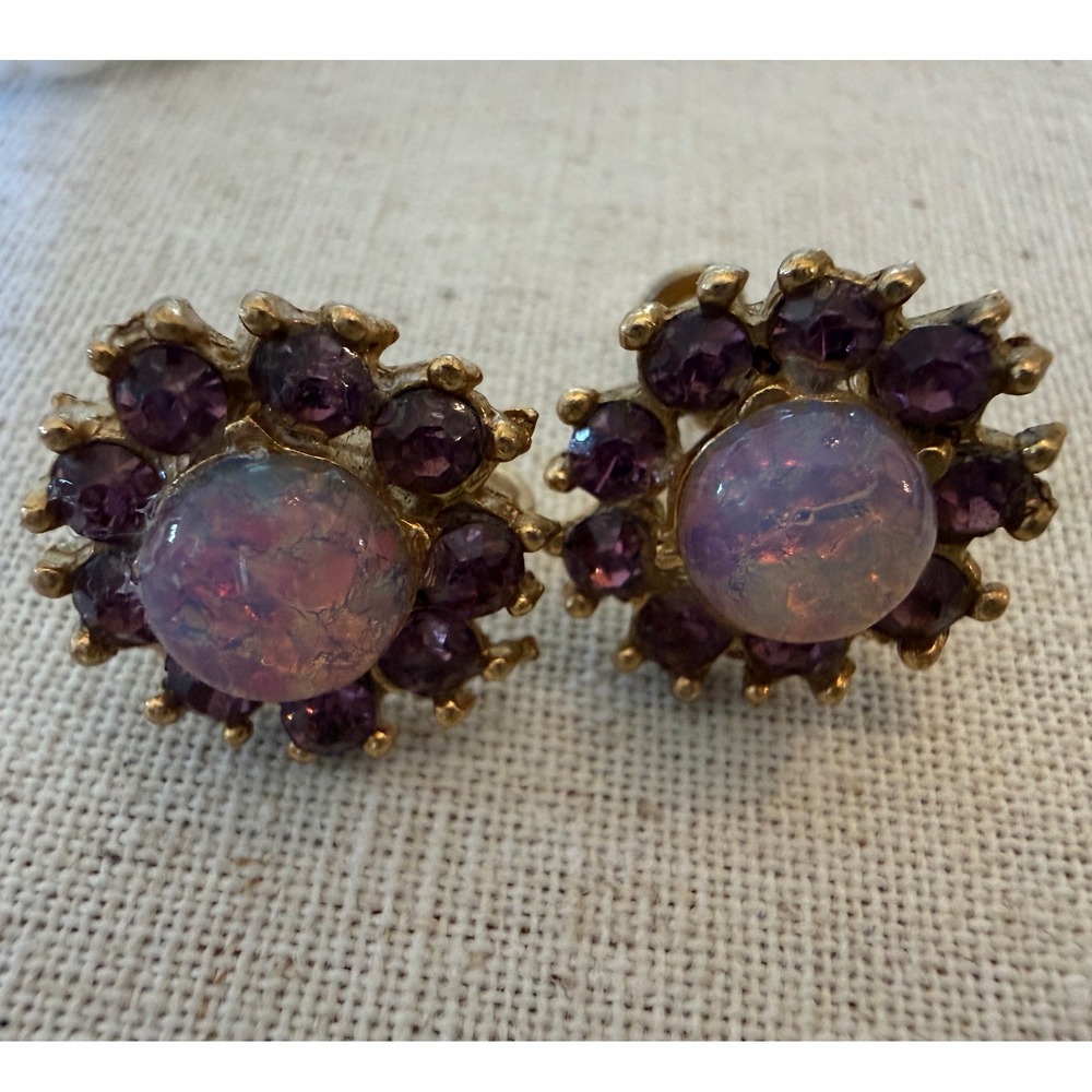 Vintage Gold Tone Faux Opal and Purple Rhinestone Screw Back Earrings
